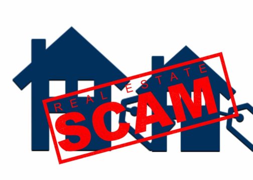 Images of houses with real estate scam written on them