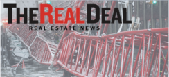 A newspaper titled "The Real Deal: Real Estate News" lies on a surface with a photo of a red construction crane that has collapsed in the background.