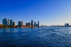 Waterfront view of the New York City skyline.
