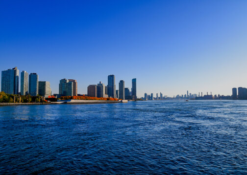 Waterfront view of the New York City skyline.