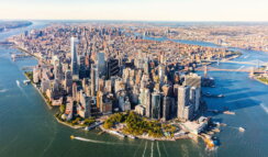 Aerial view of lower Manhattan New York City on a clear. sunny day.