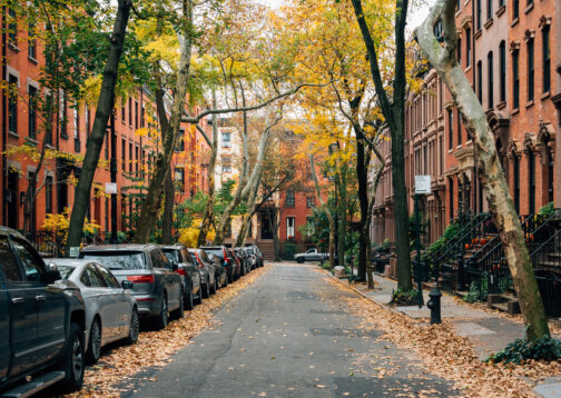Street view of Brownstones during the fall season in Brooklyn Heights, New York City