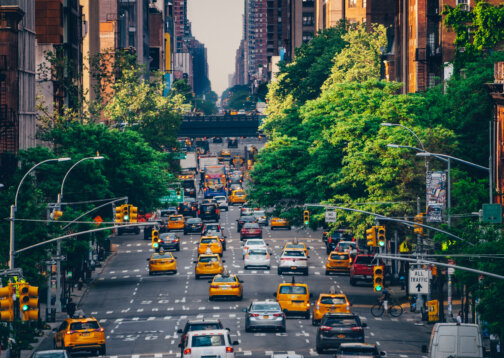 Road traffic in New York City in the daytime with bright green trees lining the street.